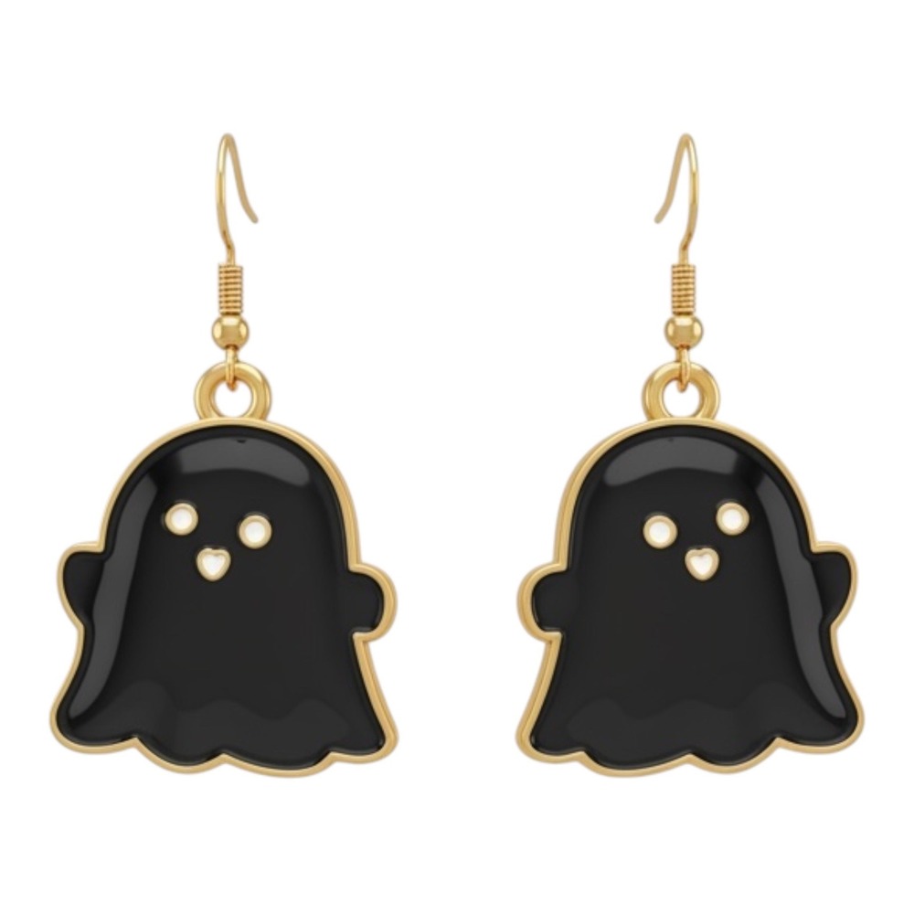 Black Enamel Ghost Dangle Earrings Gold Tone Spooky Halloween Jewelry